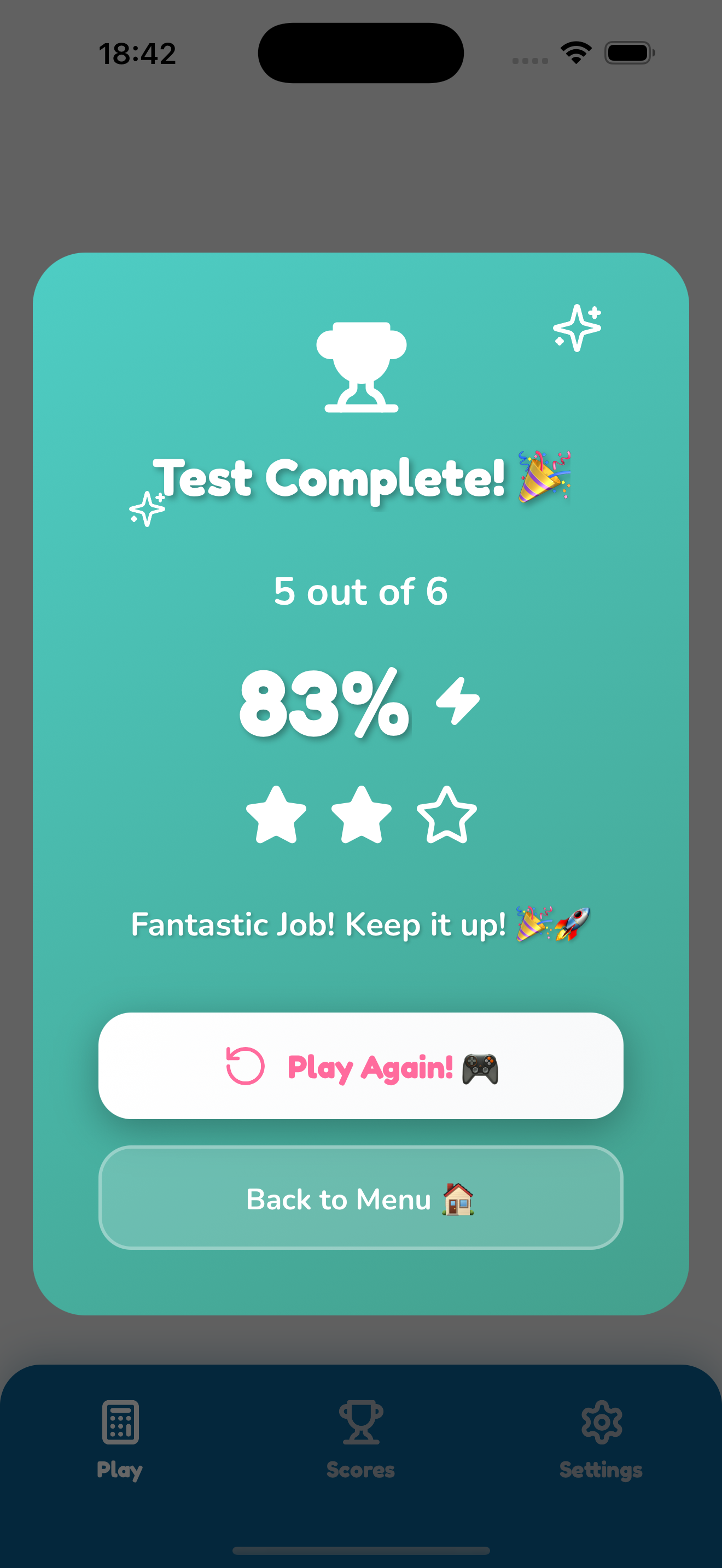 Test Complete Results - Score tracking and achievements